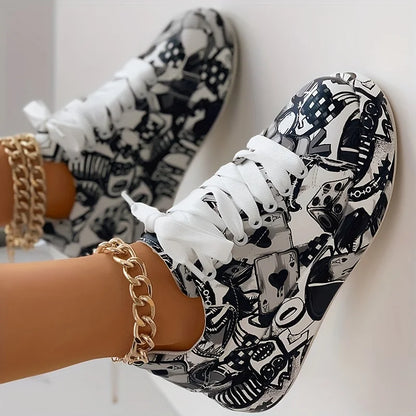 Women's graffiti print sneakers, fashion lace-up low-top platform sneakers, casual skateboard shoes