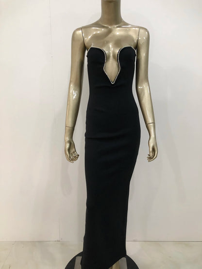 Women Winter Sexy Strapless Backless Crystal Diamonds Maxi Long Bodycon Bandage Dress 2022 Elegant Evening Party Dress Vestido