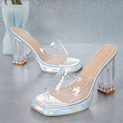 2024 Summer New Outwear Open Toe Large Slippers Sexy Transparent Water Diamond Crystal Heels Versatile Single Shoes for Women