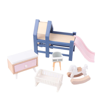 1/12 Dollhouse Mini Baby Slide/Trojan Horse/Table/ Dining Chair/Bed Model Furniture Accessories For Doll House Decor Kids Toys