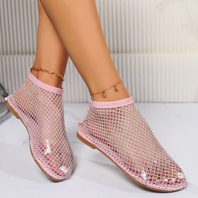 Womens Shallow Slip-On Sandals Mesh Breathable Luxurious Rhinestone Designer Fashion Round Toe Women's Shoes Non-Slip Flat Shoes