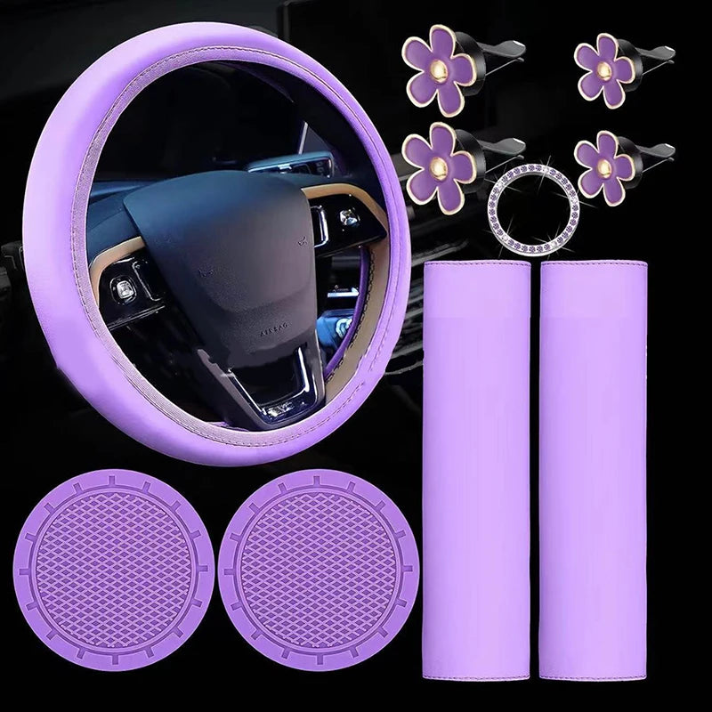 10 Pcs Leather Steering Wheel Cover For Women Cute Car Accessories Set With Seat Belt Shoulder Pads Cup Holders Car Decorations