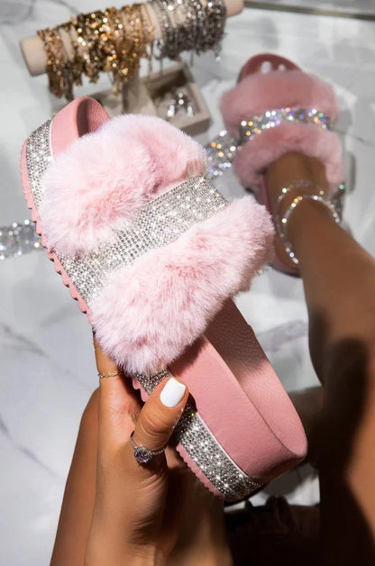 Women Fur Rhinestone Slippers Platform Wedges Without Heel Fluffy Furry Slides Flat Flip Flops Shoes Ladies Shiny Bling