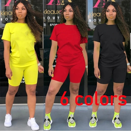 2023 new Women Two Piece Short Set Ladies Short-Sleeved Romper Summer Outfits Casual Sportswear Biker Shorts