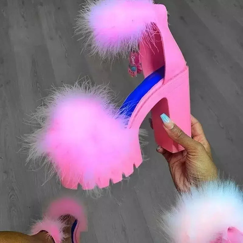 Woman Furry Sandals High Heels with Fur Female Platform Pumps Women Ankle Strap Women's Wedge Shoes 2022 Summer