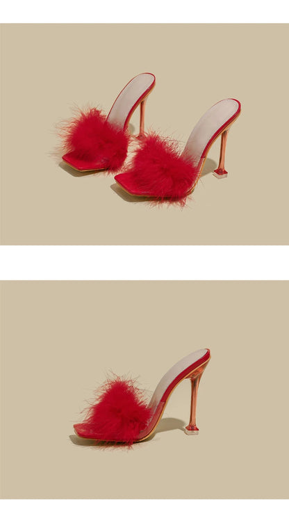 Women Rabbit White Fur Clear PVC Slippers Square Toe Stilettos Slides Transparent Crystal High Heels Sandals Mules Glass Heels