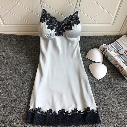 Women Sexy Lingerie Summer Silk Night Gown Lace Patchwork Mini Night Dress Spaghetti Strap Sleepwear Ladies With Chest Pads