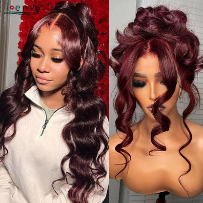 13X4 Hd Transparent Lace Front Wigs Burgundy Red Human Hair Wigs Pre Plucked 30 Inches Body Wave Lace Front Wigs For Women Curly