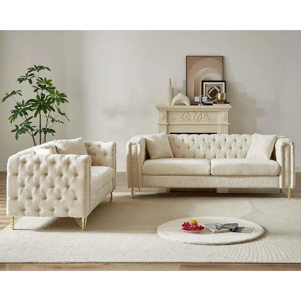 2 Piece Living Room Furniture Sets, Modern Chenille Couch and Loveseat Sofa Set, Upholstered Buttons Tufted 3 Seater Sofa