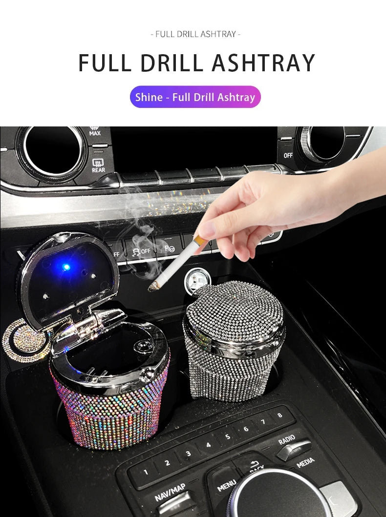 Crystal Diamond Car Ashtray Auto Portable Bling Cigarette Smokeless with LED Light Indicator Car Accessories for Women