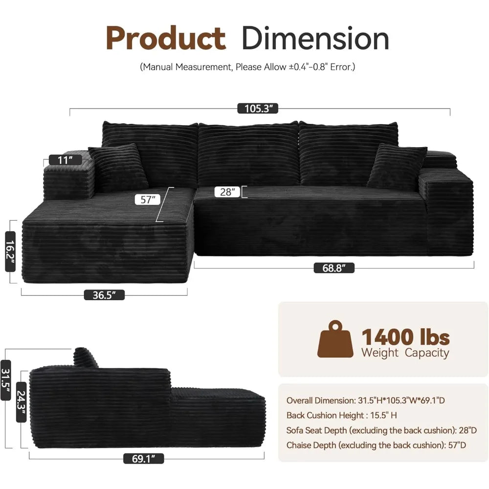 104" Cloud Sectional Couch with Comfy Chaise, Boneless L Shape Sofa with Deep Seat, Minimalist Modular Couches Sleeper