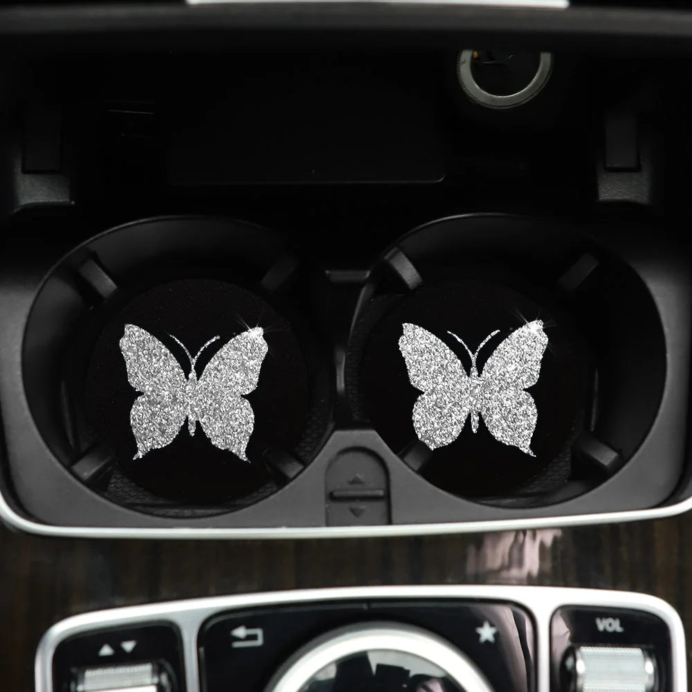 Two Cute Pink Butterflies Glitter Light Car Water Cup Pads for Women with Car Accessories