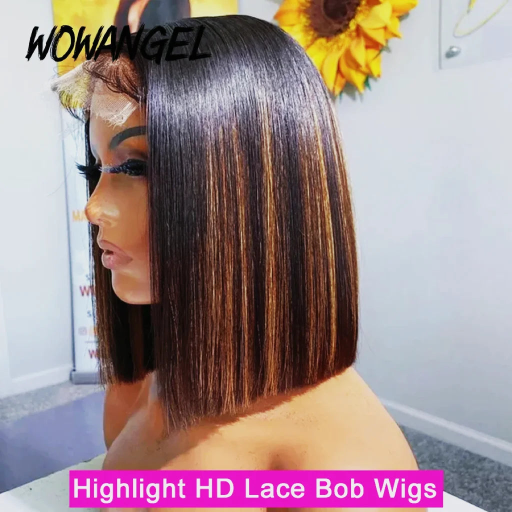 Wow Angel Short Straight Bob Wigs 13x4 Lace Front Human Hair Wigs 1B30# Highlight PrePlucked 5x5 HD Lace Closure Wigs for Woman