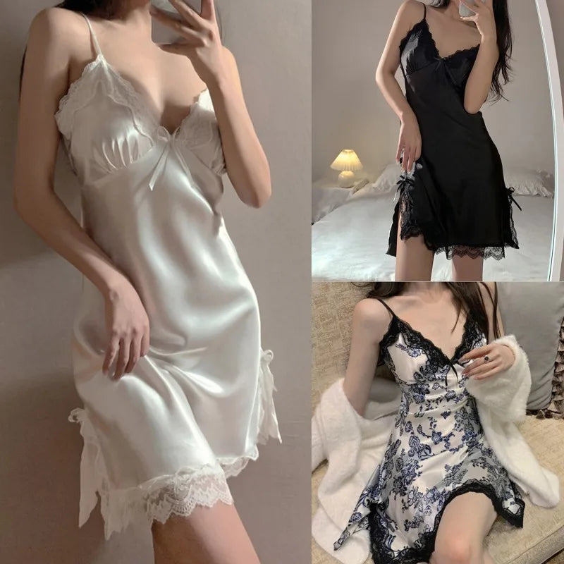 Women Sexy Lace V-neck Silk Sleepwear Suspenders Nightdresses Female Sleeveless Nightwear Sleep Nightdress For Ladies