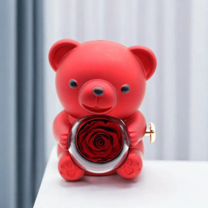 Valentine's Day Rose Hug Bear Jewelry Box Preserved Real Rose Gifts for Girlfriend Women Wife Mother's Day Birthday Anniversary