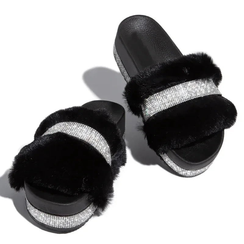 Women Fur Rhinestone Slippers Platform Wedges Without Heel Fluffy Furry Slides Flat Flip Flops Shoes Ladies Shiny Bling