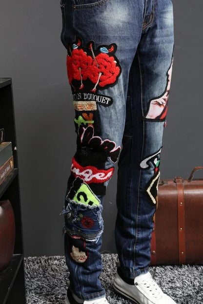 Wind Personality Beauty Embroidered Jeans Male Embroidery Flocking Self-cultivation Directly Canister Long Pant Jeans Homme