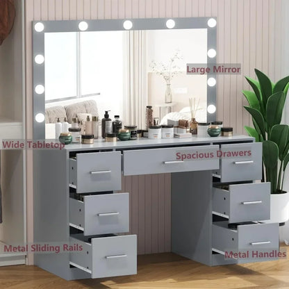 Vanity Desk, Lighted Mirror, 3 Color Lighting Modes, Dressing Table with Drawers, Bedroom Vanity Table Set for Women