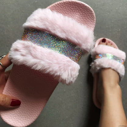 Winter Women House Slippers Faux Fur Fashion Warm Shoes Woman Slip on Flats Female Slides Black Pink cozy home furry slippers