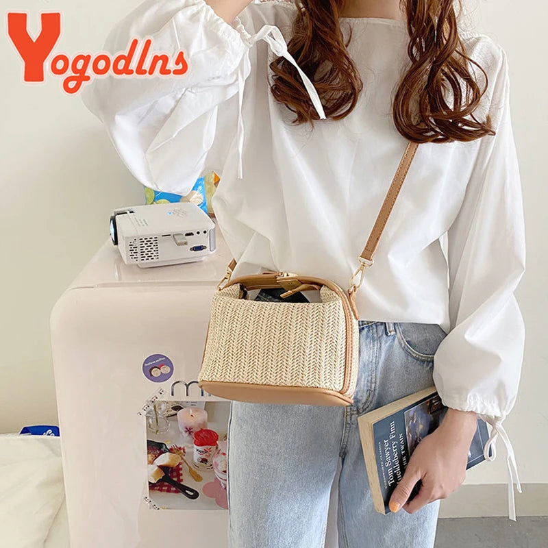 Yogodlns Summer Small Straw Handbag Trendy Shoulder Bag Woven Bucket Crossbody Bag Casual Seaside Beach Bag Gilrs Handle Tote