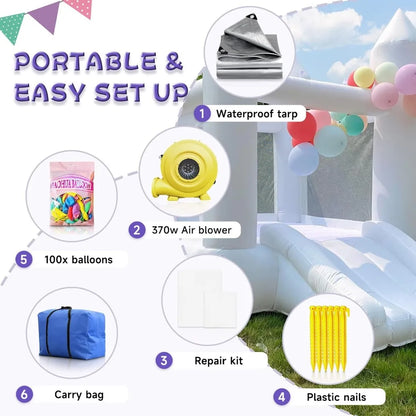 White Bounce House for Kid with Slide Ball Pit Blower Oxford White Castle 108 x108 x 84 inch Kid Birthday Party Playhouse Gift