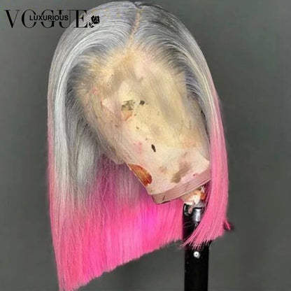 13x4 Ombre Pink Short Bob Wig Transparent HD Lace Front Brazilian Virgin Human Hair Wigs Grey Colored Straight Wigs for Women