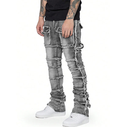 Trendy Men Jeans, European and American Fashionable Workwear with Patch, Elastic, Laminated and Slightly Flared Men Denim Pants.