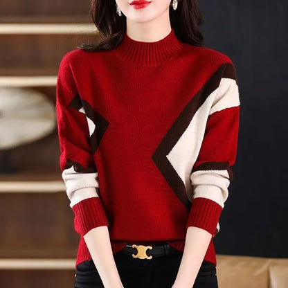 Velvet and Thickened Women's Top 2024 New Autumn/Winter Korean Edition Color Block Knitted Half High Neck Sweater