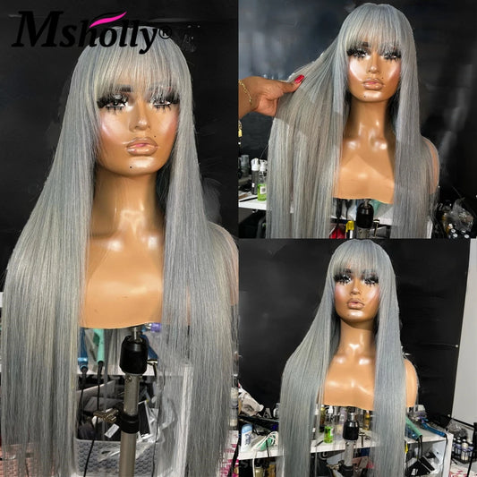 13x4 Grey Bone Straight Human Hair Wigs For Women 13x4 Transparent Lace Frontal Wig With Bangs Brazilian Gray Colored Remy Wigs