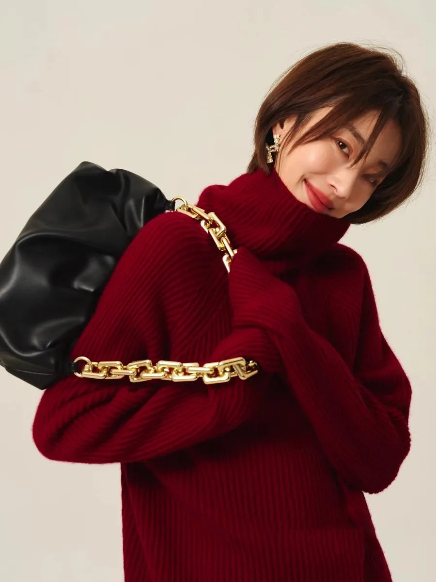 Turtleneck 100% cashmere sweater women loose thickening age reduction niche vintage red crewneck sweater women long sleeves