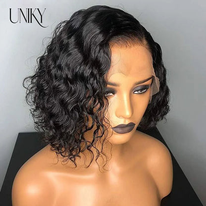 Water Wave Lace Wigs 180Density Transparent 4x4 Closure Lace Wigs For Women Deep Curly Bob Wig Side Part T Part Human Hair Wigs