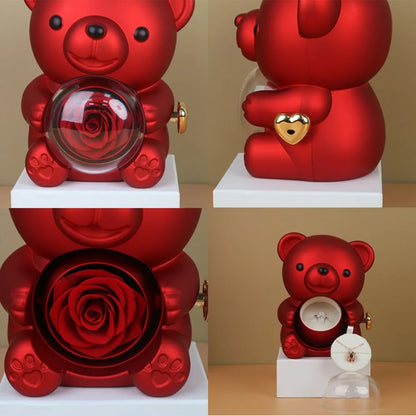 Valentine's Day Rose Hug Bear Jewelry Box Preserved Real Rose Gifts for Girlfriend Women Wife Mother's Day Birthday Anniversary