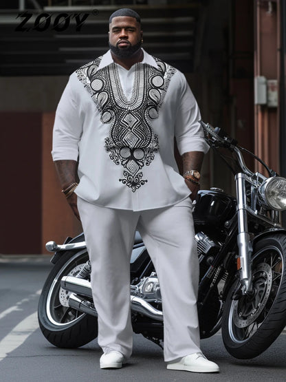 ZOOY (L-9XL) Plus Size Men's Motorcycle Retro Totem Long-Sleeved Shirt Straight Pants Suit