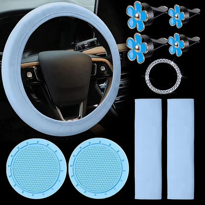 10 Pcs Leather Steering Wheel Cover For Women Cute Car Accessories Set With Seat Belt Shoulder Pads Cup Holders Car Decorations